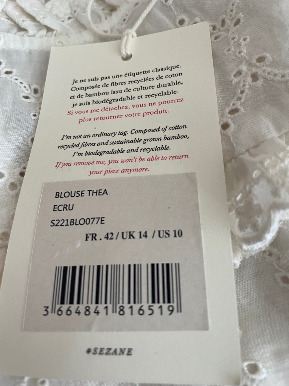 NEW Sezane Thio Ivory Eyelet Ruffle Blouse 10 - Picture 5 of 5